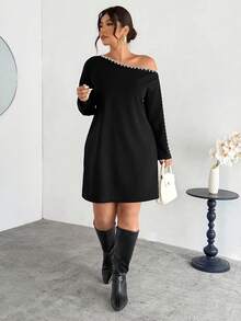 Firerie 大码舒适休闲优雅度假简约百搭日常基础款珍珠点缀露肩修身H型腰线弹力长袖连衣裙，适合春、夏、秋、冬四季穿着。 - 黑色 - 查看 6