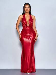 SOLERSUN فستان ماكسي مثير للنساء من قماش لامع مكشكش بياقة عميقة وظهر مكشوف، مناسب لحفلات الشاي بعد الظهر والتجمعات والخروجات الأنيقة والمواعيد والخروجات الرومانسية والخروجات الليلية وحفلات عيد الميلاد ورأس السنة والعطلات والملابس النسائية المثيرة وملابس النادي، مناسب لحفلات عيد الميلاد والعطلات وعيد الحب