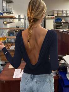 Siren Gaze Áo thun dài tay ôm dáng cổ thuyền hở lưng màu trơn đơn giản, gợi cảm, thoải mái khi đi làm hàng ngày dành cho nữ, mùa xuân/thu - Màu xanh hải quân - Xem 10