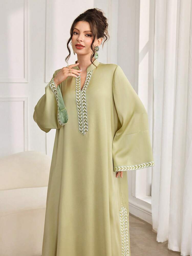 Al Najma رمضان جلابيات قفاطين رمضان فستان أبايا ماكسي أنيق للنساء بأكمام طويلة وياقة عالية مطرز بالتطريز على القماش الأطلسي - أخضر - مشاهدة 4