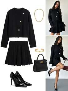Firerie 女士黑色长袖开衫和百褶针织裙套装，优雅百搭，适合秋冬季通勤、约会、派对、婚礼等场合。 - 黑色 - 查看 1