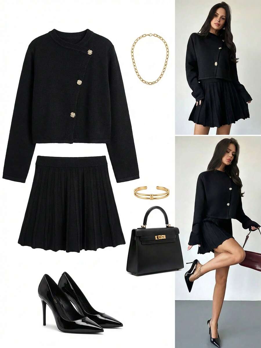 Firerie 女士黑色长袖开衫和百褶针织裙套装，优雅百搭，适合秋冬季通勤、约会、派对、婚礼等场合。 - 黑色 - 查看 1