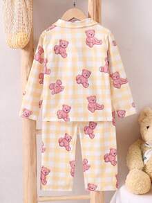2件套年轻女孩休闲可爱熊印花长袖开衫和裤子家居服套装 - 黃色 - 查看 2