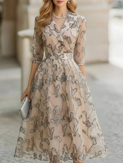 Balvessa Elegant Leaf Pattern Long Formal Dress For Women, Spring/Autumn