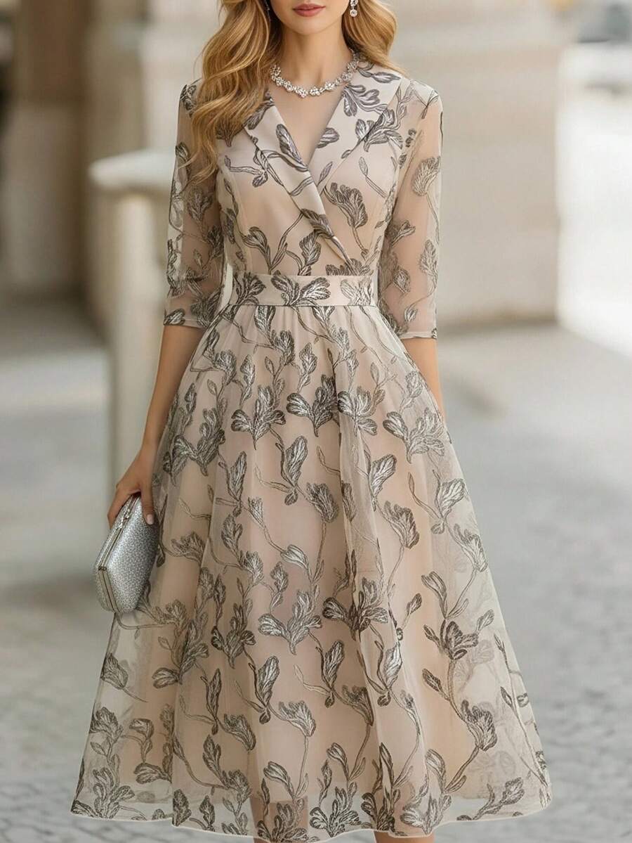 Balvessa Elegant Leaf Pattern Long Formal Dress For Women, Spring/Autumn