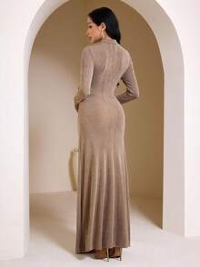 Veilorie Women's Solid Color Stand Collar Raglan Sleeve Fitted Dress - Khaki - View 2