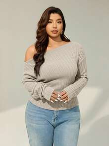 SHEIN Essnce 大码女装秋冬时尚休闲高弹舒适日常保暖磨毛腋下修身不对称肩部上衣，秋季外出上衣，优雅女装上衣 - 杏色 - 查看 4