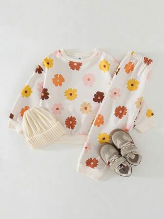 THE HAPPY LOOK 2pcs/Set Young Girl Floral Print Knit Soft Crew Neck Long Sleeve Sweatshirt And Elastic Waist Pants Girl Fall Sets Girl S Autumn Clothes Fall Kid Clothes