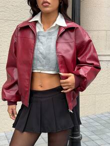 SHEIN EZwear 秋冬季红色PU皮落肩长袖拉链夹克