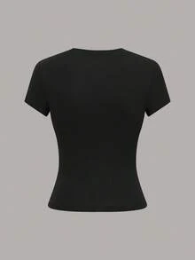 3PCS Camiseta casual de mujer de manga corta con cuello redondo de unicolor para verano - Negro - Ver 2