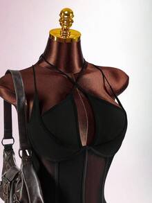 Amplova Women's Hollow Out Sheer Criss-Cross Bodysuit, Sexy & Avant-Garde, Suitable For Party Outfits - Black - View 1