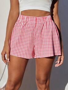 Comfortcana Women Fashionable Everyday Red Plaid Shorts