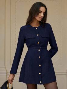 Aveloria Rosie Casual Classic Belted Herringbone Texture Long Sleeve Dress - Blue - View 2