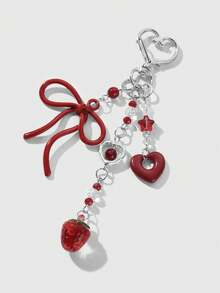 ROMWE Kawaii 1 Stück koreanischer Stil elegante und schicke Silberkette Schleifenanhänger aus Acryl und Harz mit Erdbeere/Kirsche, modisches Accessoire Geschenk für Frauen und Mädchen, Alltagsgebrauch - Rot-75 - Übersicht 7