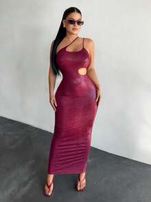 SHEIN SXY 女士仿鳄鱼纹无袖镂空修身长裙 - 酒紅色 - 查看 4