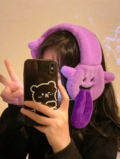 Joivida Winter Plush Ear Muffs For Daily Commute, Cute Cartoon Ear Warmers With Tongue-Out Design, Urban Korean Style Cold Weather Gear