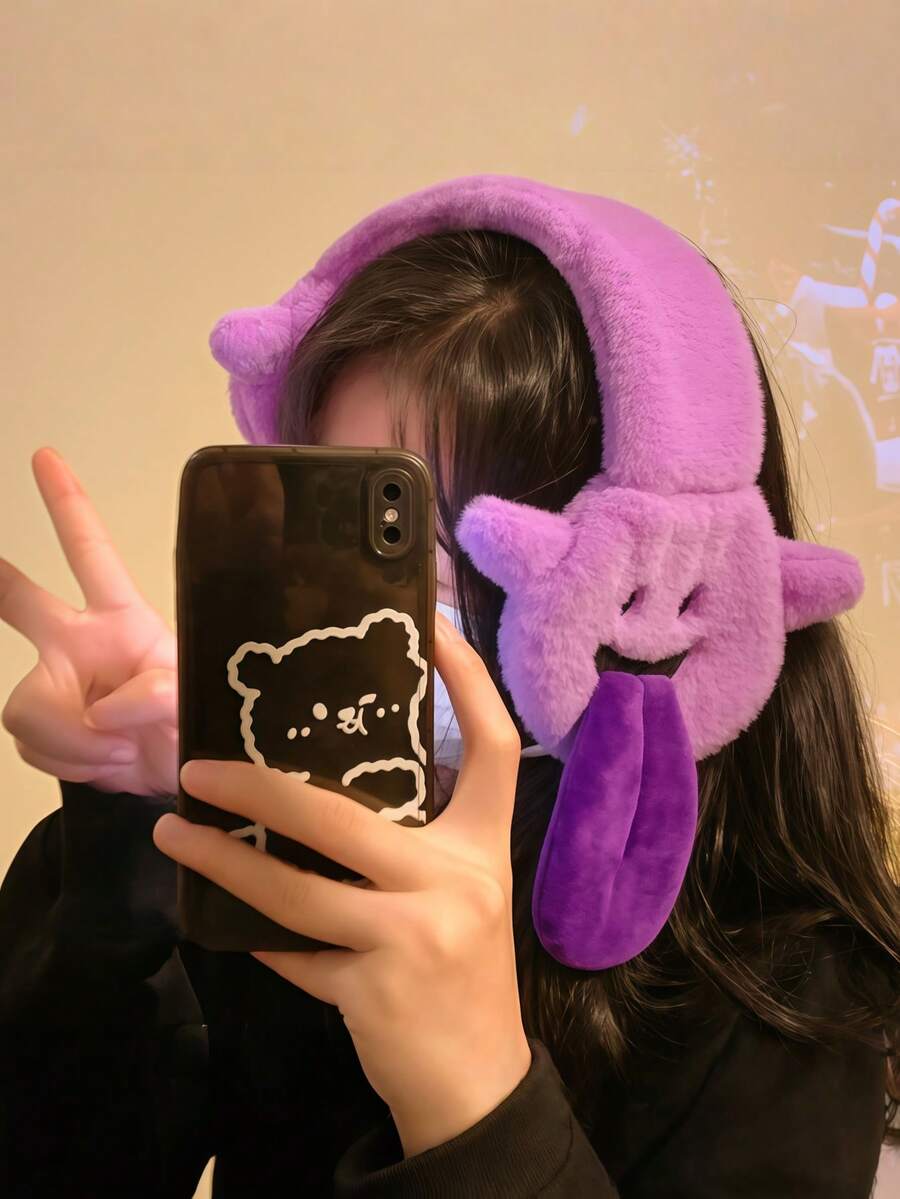 Joivida Winter Plush Ear Muffs For Daily Commute, Cute Cartoon Ear Warmers With Tongue-Out Design, Urban Korean Style Cold Weather Gear - Multicolor - View 1