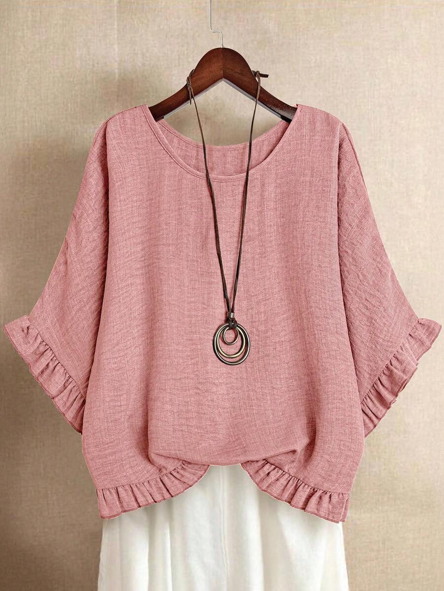EMERY ROSE Plus Size Casual Minimalist Everyday Frill Trim Loose Shirt - Dusty Pink - View 1