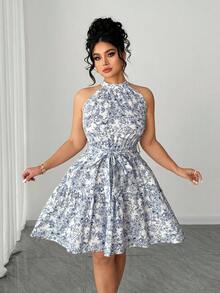 Elenzga Váy xòe ngắn cổ yếm in họa tiết cỡ lớn - Xanh và trắng - Xem 4