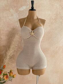 Soleia Bộ đồ liền thân dệt kim hở lưng họa tiết sao biển kim loại trơn màu dành cho nữ - Màu Khaki - Xem 3