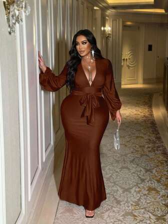  NU&NOW Plus Size Christmas Women's Red Ruffle Tie Lantern Sleeve Long Sleeve Bodycon Dress, Suitable For , Dates, Parties, Autumn/Winter