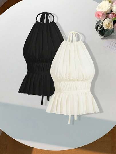 Comfortcana Damernas sexiga enfärgade plisserade rygglösa Halter Neck Top