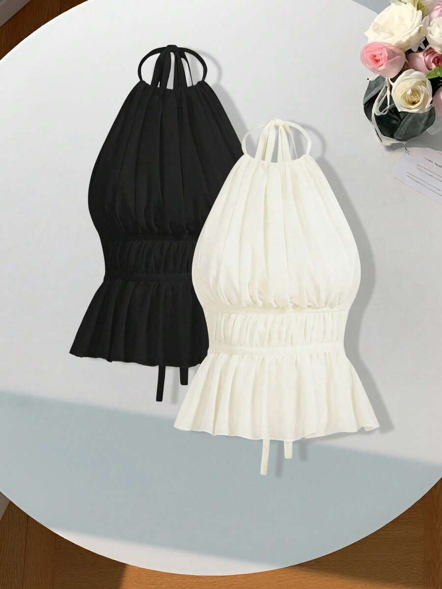 Comfortcana 女士性感纯色褶皱露背挂脖上衣