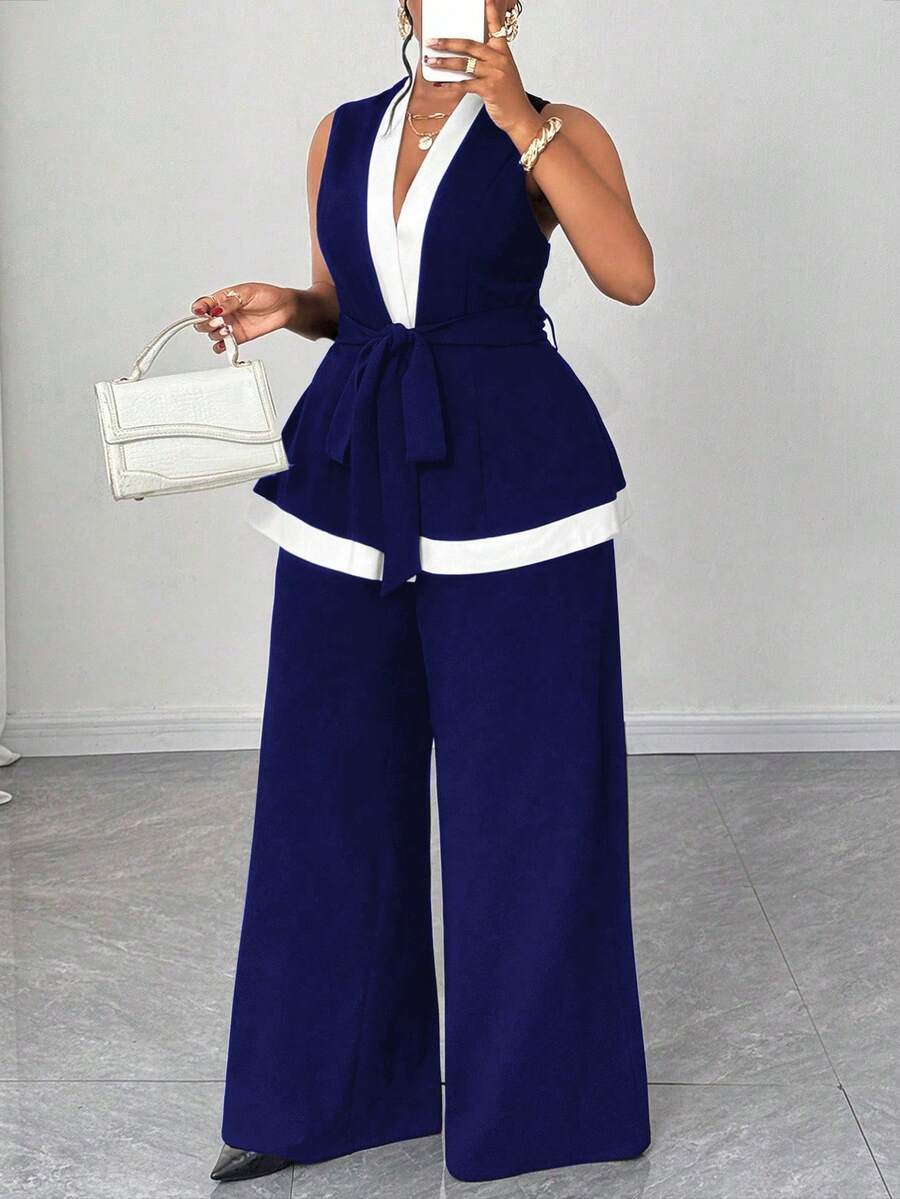 Maweii Plus Size Black & White Sleeveless Patchwork Commuting Chic 2 Pieces Set - Blue - View 1