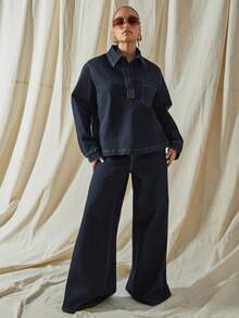 Vixey Oversized Plunge Neck Pointe Collar Long Sleeve Denim Shirt - Dark Wash - View 3