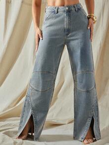 Vixey Quần jean ống rộng cạp cao, túi hộp tiện dụng đa năng cho nữ - Rửa trung bình - Xem 4