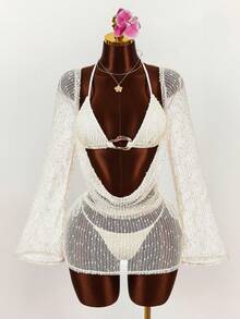 Amplova Conjunto de biquíni feminino sexy com decote profundo, 3 peças - Top, calcinha e saída de praia. - Damasco - Ver 9