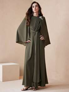 Arave Women's Green Chiffon Linen-Textured Fabric, Round Neck, Fitted Waist, Cape Sleeves, Full Skirt With Pleats, Long Tie-Waist, Diamond Brooch, And Metal Embellishments. Modern Party Long Dress. Elegant Dresses For Women, Party Clothes, Winter Clothes For Women, Halloween. New Year - Green - View 5