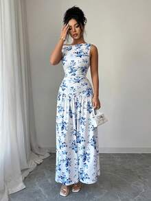 Elenzga Women's Floral Print Ruched Asymmetric Shoulder Elegant Vacation Dress - Blue and White - View 4