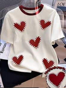 Resyla Áo thun cổ tròn in họa tiết trái tim và ngọc trai cỡ lớn dành cho nữ - Nhiều màu - Xem 1