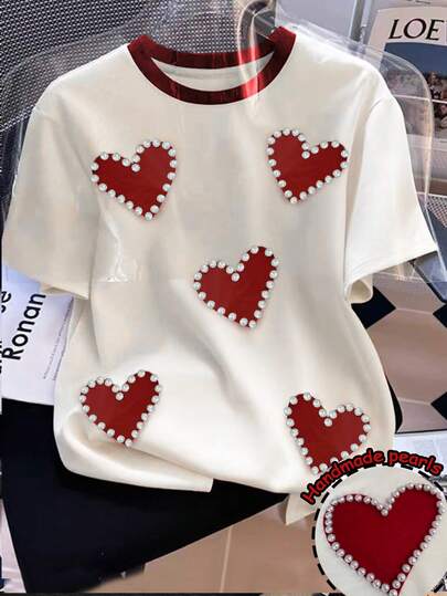Resyla Camiseta de cuello redondo con estampado de corazón y perlas para mujer de talla grande