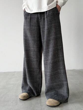 Manfinity Hypemode Men's Houndstooth Pleated Pocket Wide Leg Loose Casual Pants