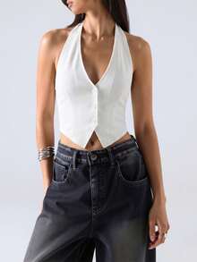 LYSMO 女士夏季純色單排釦背心上衣，配露背頸帶設計 - 白色 - 查看 3
