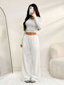SHEIN PETITE 女士休闲前系腰宽松运动裤，适合春夏穿着，日常穿着及返校季皆宜 - 白色 - 查看 7