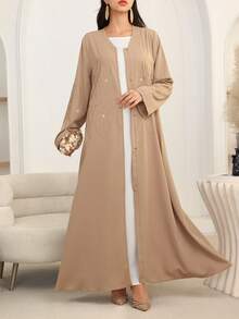 Al Najma Women's Loose Elegant Rhinestone Decorated Robe, Black Abayas - Khaki - View 5