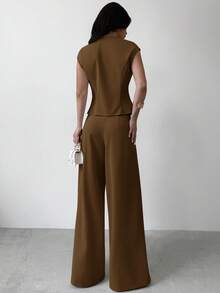 Firerie 女士优雅简约休闲通勤日常金属扣袖口收腰深色上衣搭配高腰阔腿米色长裤两件套，夏季 - 棕色 - 查看 5