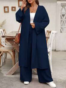 EMERY ROSE Elegant Plus Size Navy Blue Woven Fabric Two Piece Set Long Sleeve Drop Shoulder Top And Pants Fall - Navy Blue - View 5