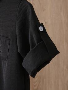 SHEIN Toddler Infant Baby Boys Traditional Casual Long Sleeve Stand Collar Button Half-Open Front Pocket Robe Top, Adjustable Sleeve Length, Side Slit Hem Design, Arabic Dishdasha, Islamic Clothing, Kaftan, Saudi Arabian Outfit, Robe, Boys White Kurta, Boys White School Thobe, Boys Kurtas, Basic Silhouette Suitable For Spring, Summer, Autumn, Winter,3M-3T - Black - View 7