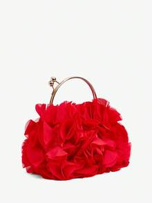 SHEIN BAE Women Elegant Floral Pleated Satin Evening Clutch Party Bag Purse Handbag– Chic Chiffon Petal Handbag With Chain Strap, Perfect For Bride, Weddings, Proms, Sorority Formals, Graduation Parties, Spring Galas, Weddings, Cocktail Events, And Special Occasions (Random Pattern) - Red - View 3