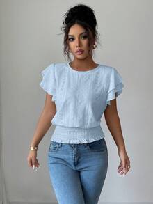 Elenzga Women's Summer Casual Vacation Jacquard Round Neck Ruffle Sleeve T-Shirt - Baby Blue - View 4