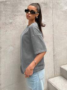 SHEIN EZwear Áo thun dáng rộng dệt kim màu xám cổ điển đau khổ - Xám - Xem 6