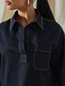 Vixey Oversized Plunge Neck Pointe Collar Long Sleeve Denim Shirt - Dark Wash - View 5