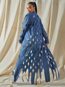 Vixey Laser Cut Out Notched Collar Long Line Denim Duster - Medium Wash - View 2
