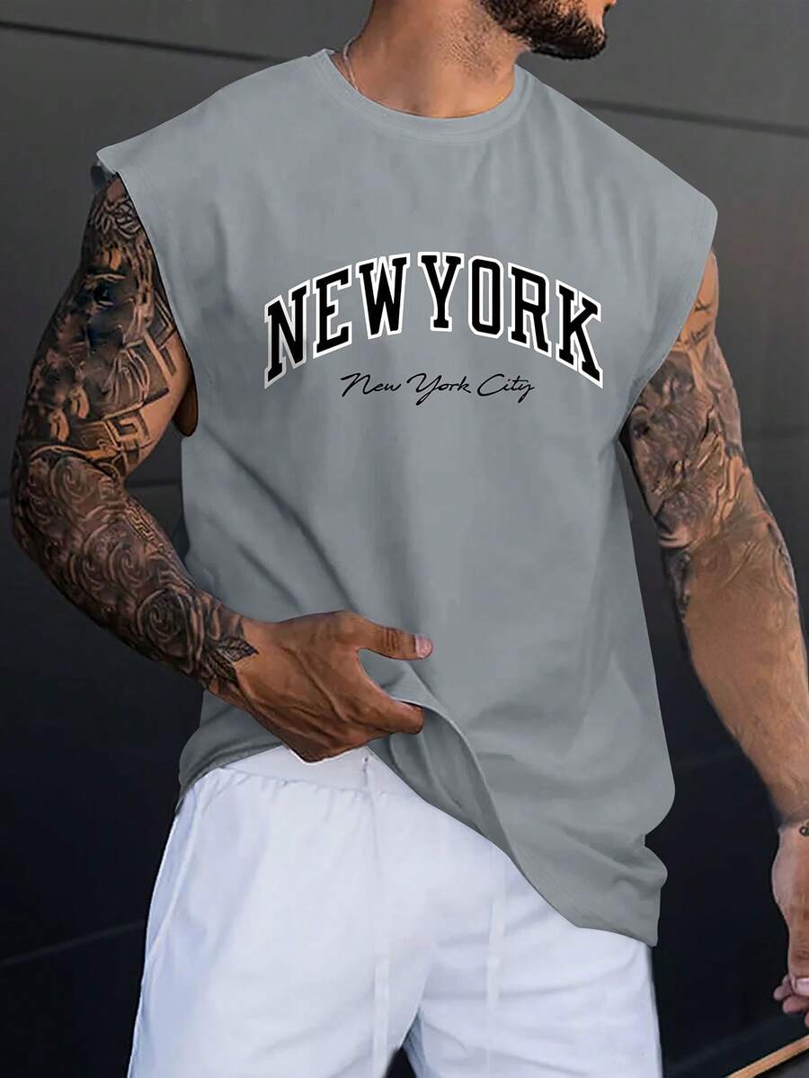 Manfinity LEGND Men's Letter Print Crew Neck Casual Loose Fit Sleeveless Tank Top - Grey - View 1