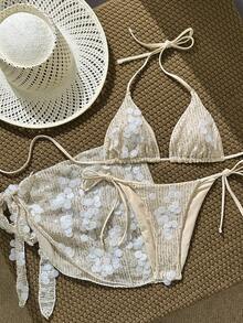 Sirith 3件套女士夏季度假沙滩装，性感亮片三角比基尼上衣，侧系带三角比基尼下装，亮片迷你裙 - 米色 - 查看 3