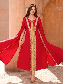 Sparklyn 少女缀饰V领优雅长款连衣裙 - 紅色 - 查看 6